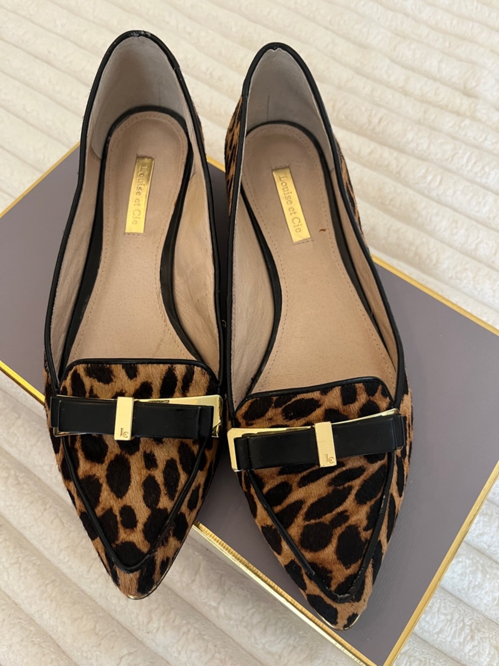 Louise et Cie Leopard-Print Pointed Toe Flats with Black Bow & Gold Accent